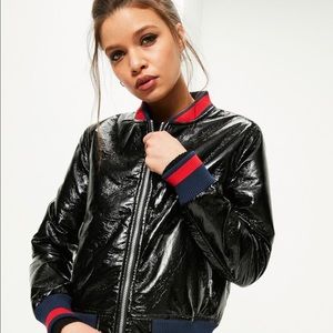 Misguided shiny black varsity bomber jacket